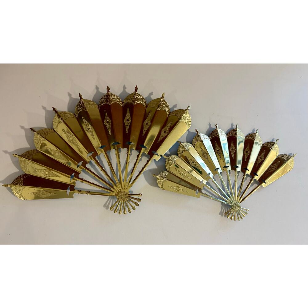 Pair of Vintage Gold Metal Fans Wall Decor